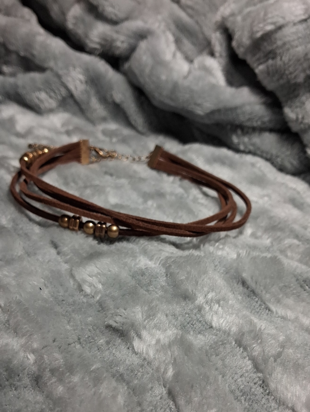 Brown Multi-Strand Suede Bracelet with Gold Bead Accents
